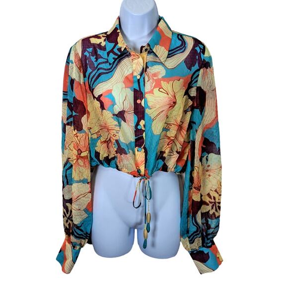 Alexis Idalia Cropped Button Front Top Mediterranean Teal Georgette Size M NEW - Picture 2 of 12